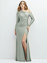 Front View Thumbnail - Willow Green Long Sleeve Cold-Shoulder Draped Stretch Satin Mermaid Dress with Horsehair Hem