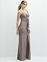 Side View Thumbnail - Cashmere Gray Rhinestone Strap Stretch Satin Maxi Dress with Vertical Cascade Ruffle