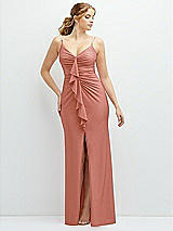 Front View Thumbnail - Desert Rose Rhinestone Strap Stretch Satin Maxi Dress with Vertical Cascade Ruffle