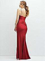 Rear View Thumbnail - Poppy Red Rhinestone Strap Stretch Satin Maxi Dress with Vertical Cascade Ruffle