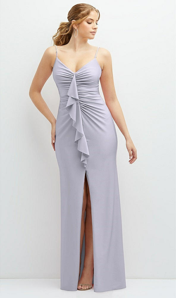 Front View - Silver Dove Rhinestone Strap Stretch Satin Maxi Dress with Vertical Cascade Ruffle