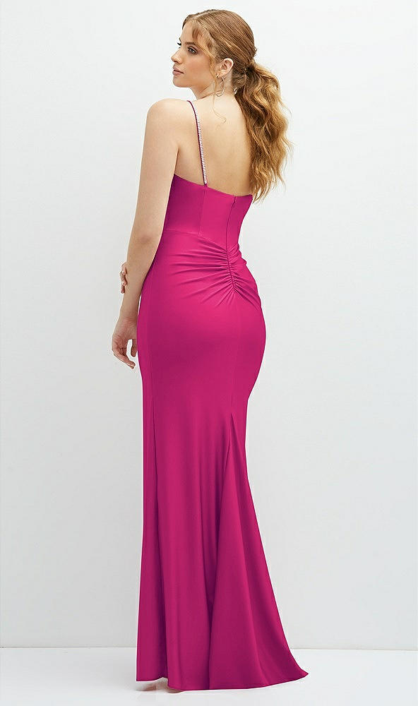 Back View - Think Pink Rhinestone Strap Stretch Satin Maxi Dress with Vertical Cascade Ruffle