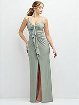 Front View Thumbnail - Willow Green Rhinestone Strap Stretch Satin Maxi Dress with Vertical Cascade Ruffle