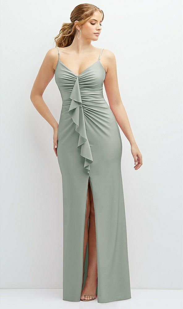 Front View - Willow Green Rhinestone Strap Stretch Satin Maxi Dress with Vertical Cascade Ruffle
