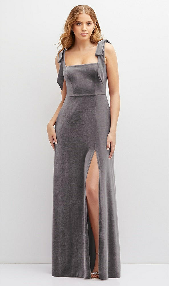 Front View - Caviar Gray Square Neck Velvet Maxi Dress with Bow Shoulders