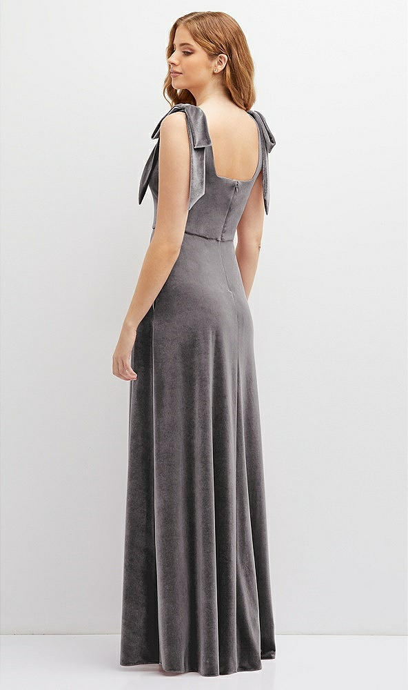 Back View - Caviar Gray Square Neck Velvet Maxi Dress with Bow Shoulders