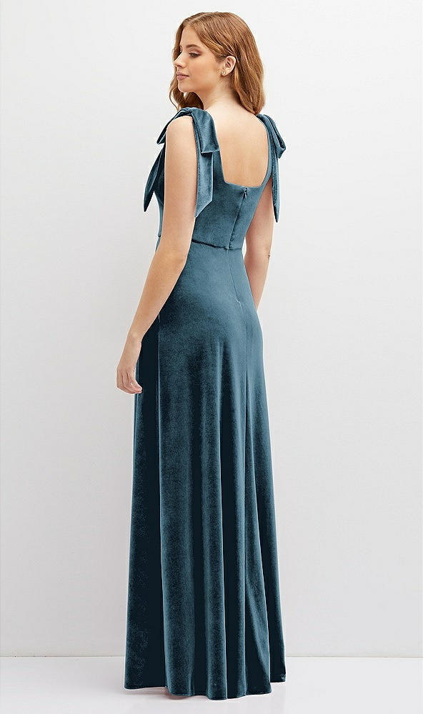 Back View - Dutch Blue Square Neck Velvet Maxi Dress with Bow Shoulders