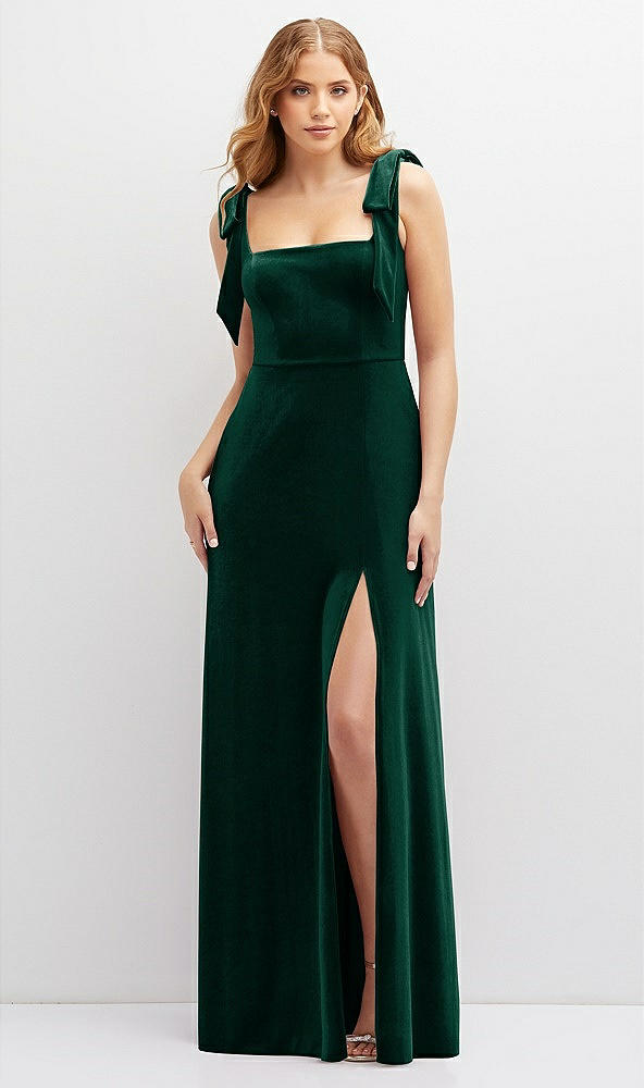 Front View - Evergreen Square Neck Velvet Maxi Dress with Bow Shoulders