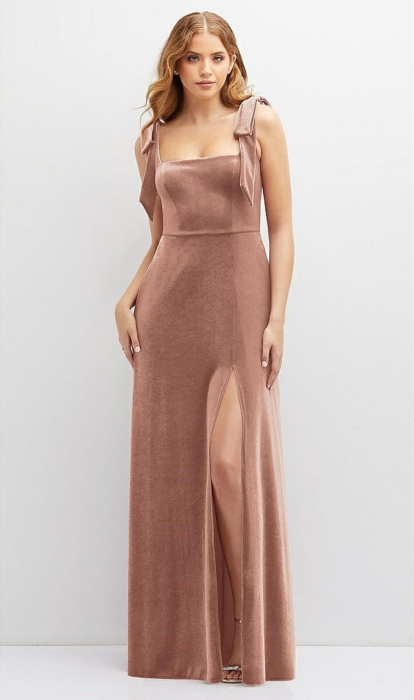 Front View - Tawny Rose Square Neck Velvet Maxi Dress with Bow Shoulders