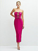 Front View Thumbnail - Think Pink Rhinestone Bow Trimmed Peek-a-Boo Deep-V Midi Dress with Pencil Skirt
