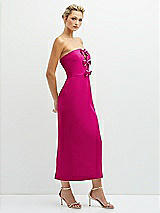 Side View Thumbnail - Think Pink Rhinestone Bow Trimmed Peek-a-Boo Deep-V Midi Dress with Pencil Skirt