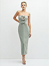 Front View Thumbnail - Willow Green Rhinestone Bow Trimmed Peek-a-Boo Deep-V Midi Dress with Pencil Skirt