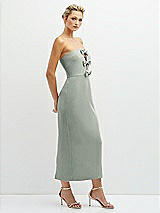 Side View Thumbnail - Willow Green Rhinestone Bow Trimmed Peek-a-Boo Deep-V Midi Dress with Pencil Skirt