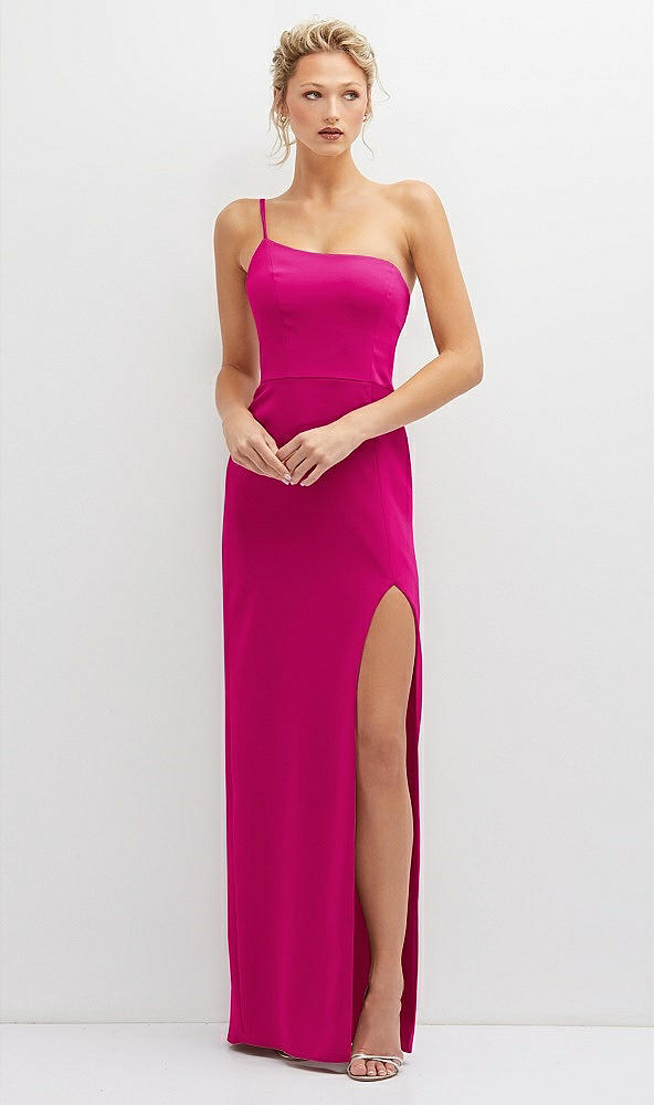 Front View - Think Pink Sleek One-Shoulder Crepe Column Dress with Cut-Away Slit