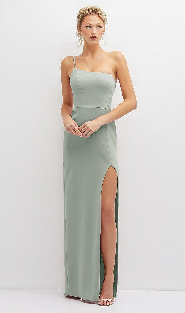 Front View - Willow Green Sleek One-Shoulder Crepe Column Dress with Cut-Away Slit