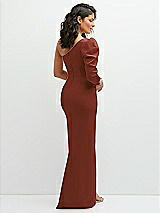 Rear View Thumbnail - Auburn Moon 3/4 Puff Sleeve One-shoulder Maxi Dress with Rhinestone Bow Detail