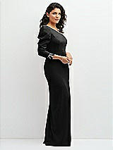 Side View Thumbnail - Black 3/4 Puff Sleeve One-shoulder Maxi Dress with Rhinestone Bow Detail