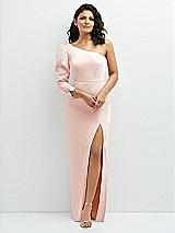 Front View Thumbnail - Blush 3/4 Puff Sleeve One-shoulder Maxi Dress with Rhinestone Bow Detail