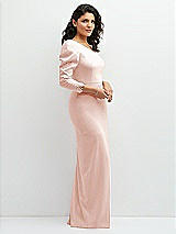 Side View Thumbnail - Blush 3/4 Puff Sleeve One-shoulder Maxi Dress with Rhinestone Bow Detail