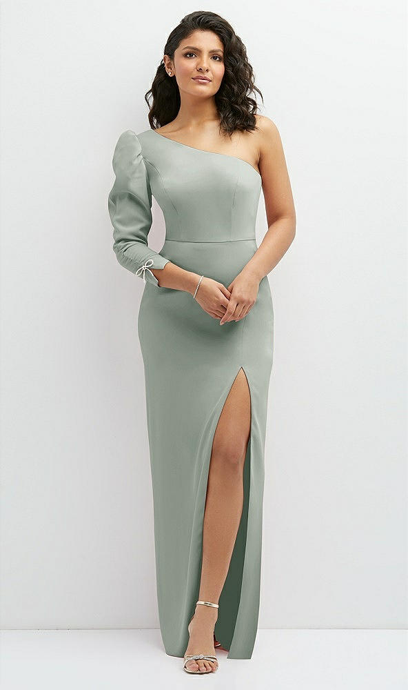 Front View - Willow Green 3/4 Puff Sleeve One-shoulder Maxi Dress with Rhinestone Bow Detail
