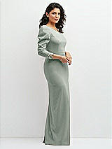 Side View Thumbnail - Willow Green 3/4 Puff Sleeve One-shoulder Maxi Dress with Rhinestone Bow Detail