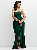 Front View Thumbnail - Hunter Green Strapless Crepe Maxi Dress with Ruffle Edge Bias Wrap Skirt