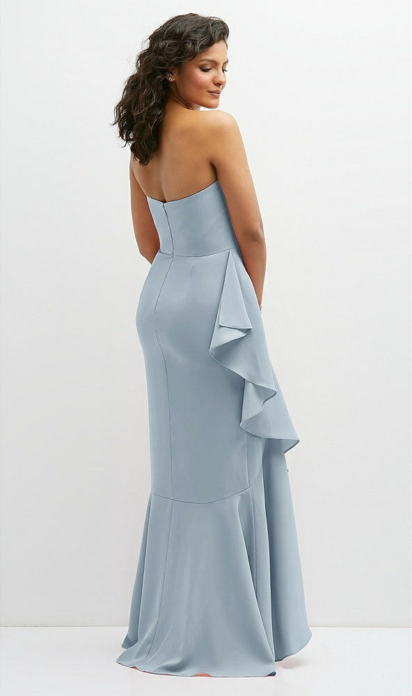 Back View - Mist Strapless Crepe Maxi Dress with Ruffle Edge Bias Wrap Skirt