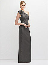 Side View Thumbnail - Caviar Gray Oversized Flower One-Shoulder Satin Column Dress
