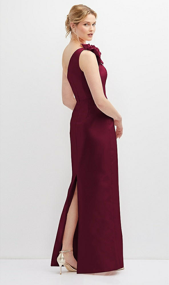 Back View - Cabernet Oversized Flower One-Shoulder Satin Column Dress