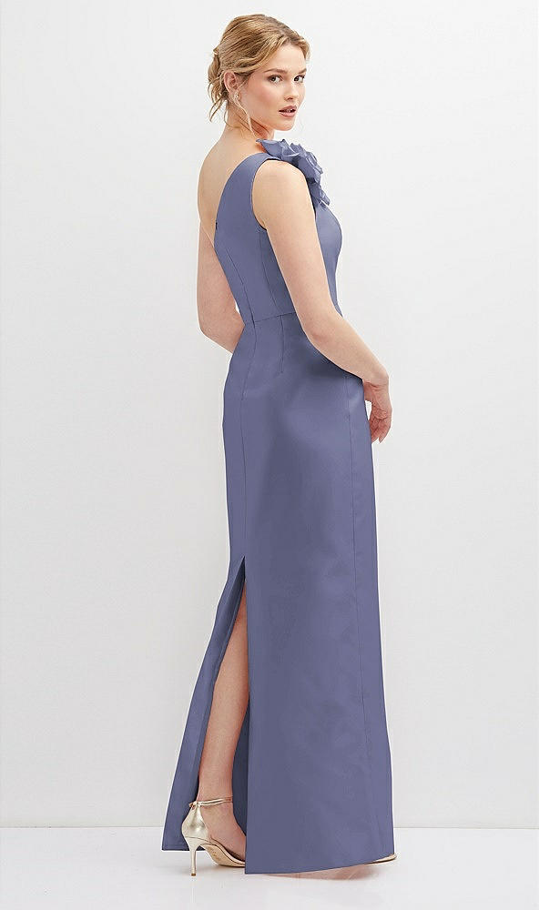 Back View - French Blue Oversized Flower One-Shoulder Satin Column Dress