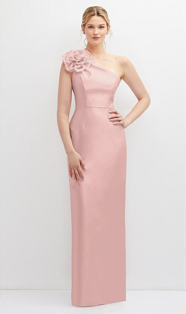 Front View - Rose - PANTONE Rose Quartz Oversized Flower One-Shoulder Satin Column Dress