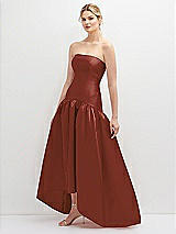Side View Thumbnail - Auburn Moon Strapless Fitted Satin High Low Dress with Shirred Ballgown Skirt