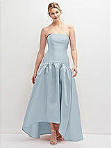 Front View Thumbnail - Mist Strapless Fitted Satin High Low Dress with Shirred Ballgown Skirt