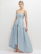 Side View Thumbnail - Mist Strapless Fitted Satin High Low Dress with Shirred Ballgown Skirt