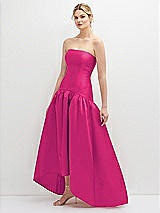 Side View Thumbnail - Think Pink Strapless Fitted Satin High Low Dress with Shirred Ballgown Skirt