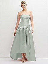 Front View Thumbnail - Willow Green Strapless Fitted Satin High Low Dress with Shirred Ballgown Skirt