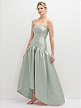 Side View Thumbnail - Willow Green Strapless Fitted Satin High Low Dress with Shirred Ballgown Skirt
