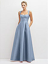 Front View Thumbnail - Cloudy Lace-Up Back Bustier Satin Dress with Full Skirt and Pockets