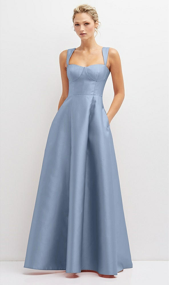 Front View - Cloudy Lace-Up Back Bustier Satin Dress with Full Skirt and Pockets