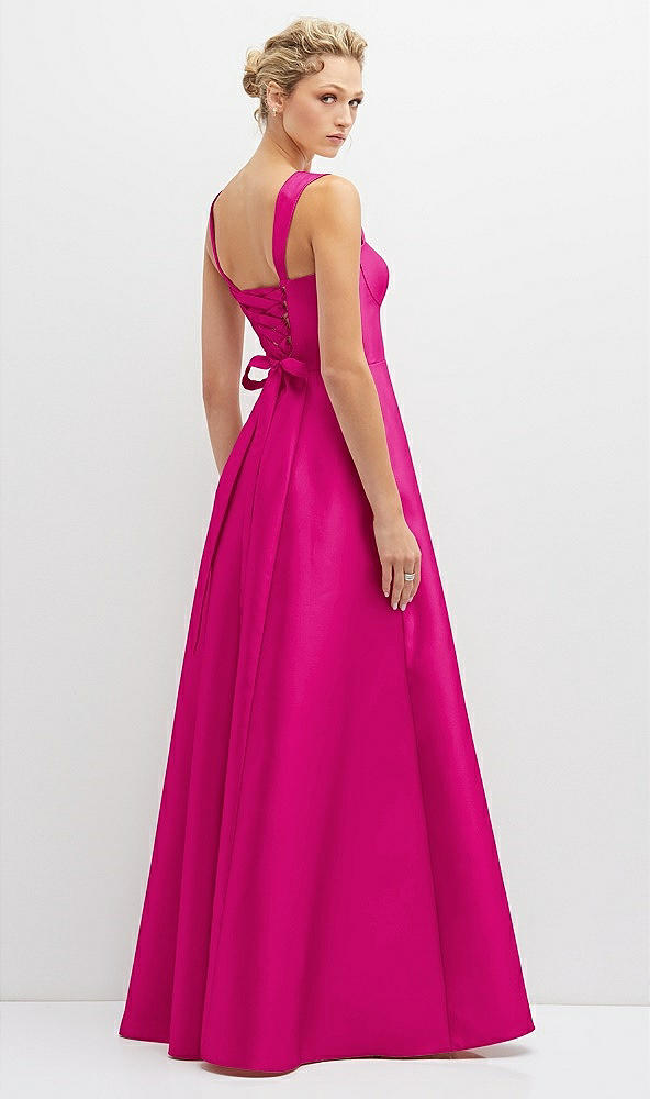 Back View - Think Pink Lace-Up Back Bustier Satin Dress with Full Skirt and Pockets