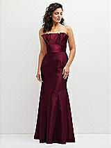 Front View Thumbnail - Cabernet Strapless Satin Fit and Flare Dress with Crumb-Catcher Bodice