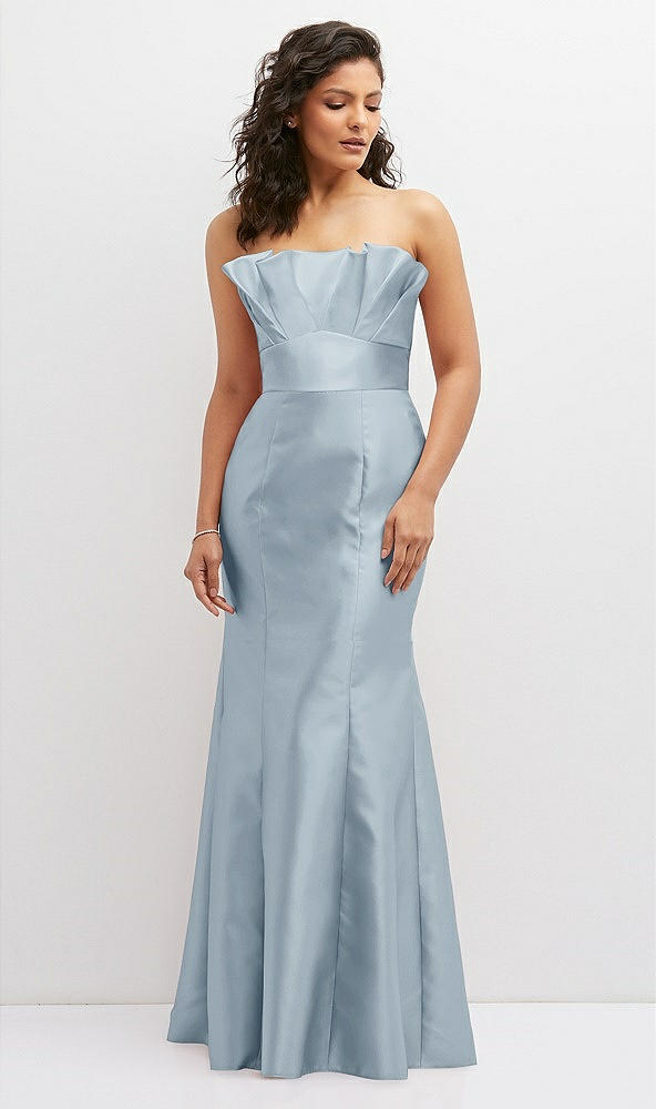 Front View - Mist Strapless Satin Fit and Flare Dress with Crumb-Catcher Bodice