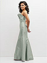 Side View Thumbnail - Willow Green Strapless Satin Fit and Flare Dress with Crumb-Catcher Bodice