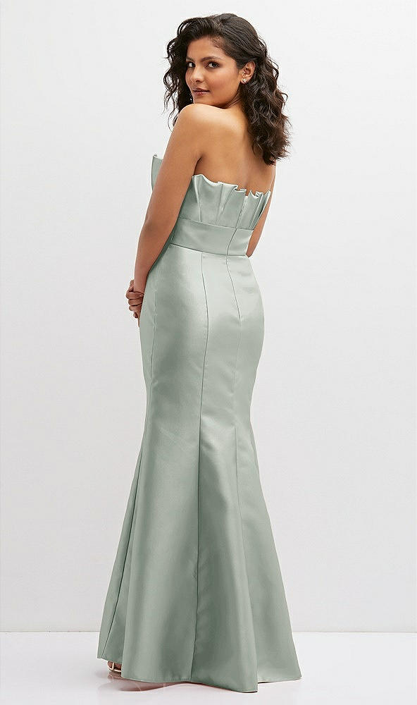 Back View - Willow Green Strapless Satin Fit and Flare Dress with Crumb-Catcher Bodice