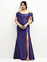 Front View Thumbnail - Grape Off-the-Shoulder Bow Satin Corset Dress with Fit and Flare Skirt