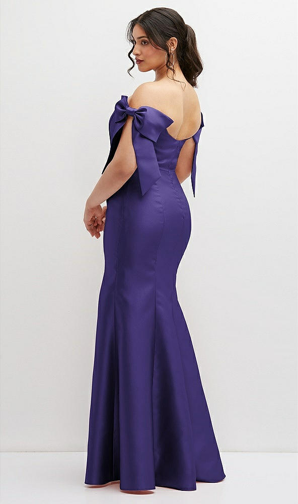 Back View - Grape Off-the-Shoulder Bow Satin Corset Dress with Fit and Flare Skirt