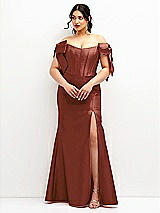 Front View Thumbnail - Auburn Moon Off-the-Shoulder Bow Satin Corset Dress with Fit and Flare Skirt