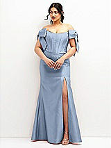 Front View Thumbnail - Cloudy Off-the-Shoulder Bow Satin Corset Dress with Fit and Flare Skirt