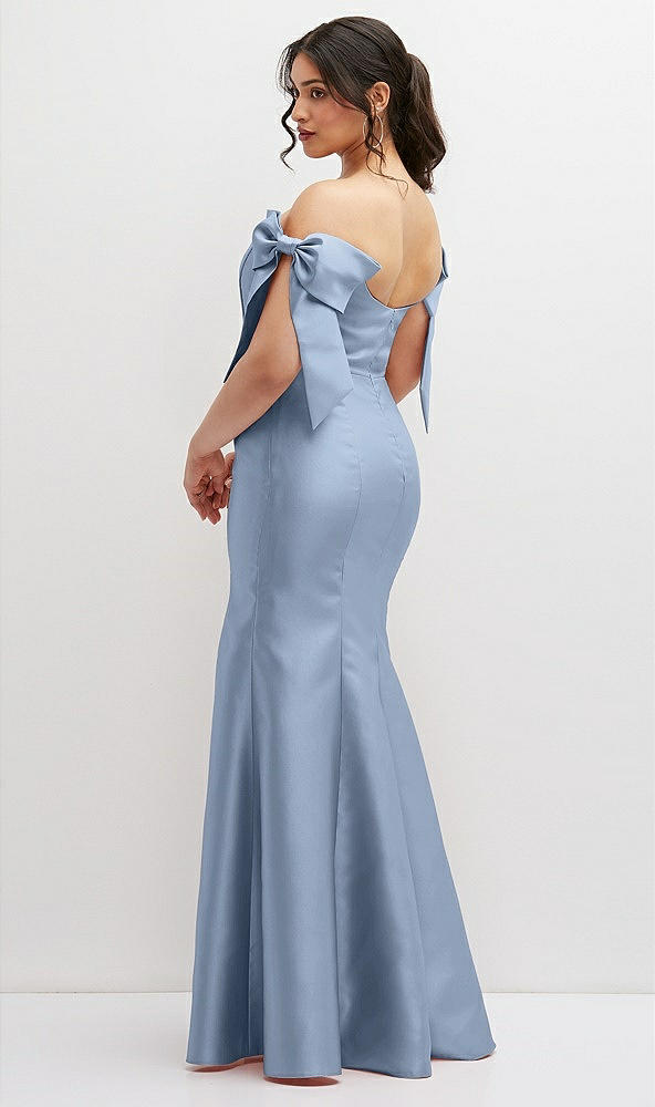 Back View - Cloudy Off-the-Shoulder Bow Satin Corset Dress with Fit and Flare Skirt