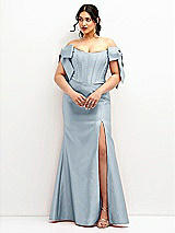 Front View Thumbnail - Mist Off-the-Shoulder Bow Satin Corset Dress with Fit and Flare Skirt